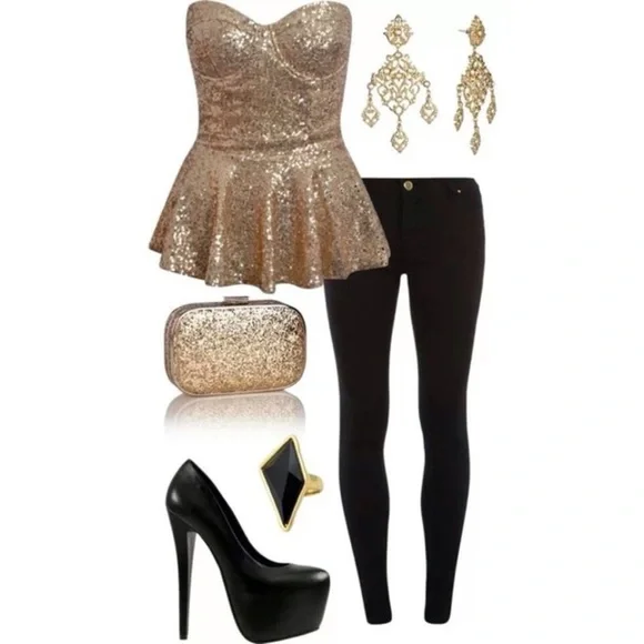 Strapless Gold Sparkle Peplum Top - Picture 2 of 13